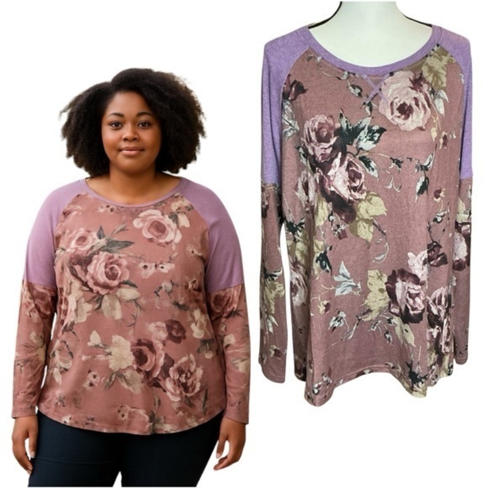 Bestbee Floral Top Purple and Pink Womens Long Sleeve Scoop Neck‎ Shirt Size XL